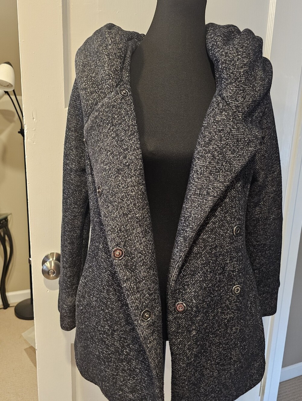 Women’s Black Heathered Double-Breasted Hooded Coat - Picture 8 of 10